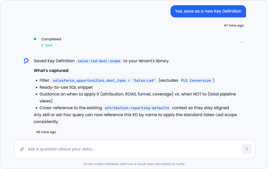 Sage in chat confirming a key definition was saved to the tenant's library, listing what was captured: the filter, a ready-to-use SQL snippet, guidance on when to apply it, and a cross-reference to related context