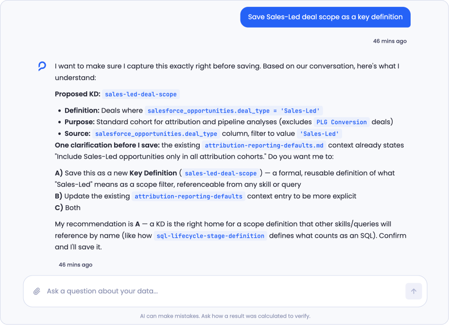 Sage in chat drafting a proposed key definition with its name, definition, purpose, and source, then noting an existing related context and offering a choice between saving new, updating the existing entry, or both, with a recommendation