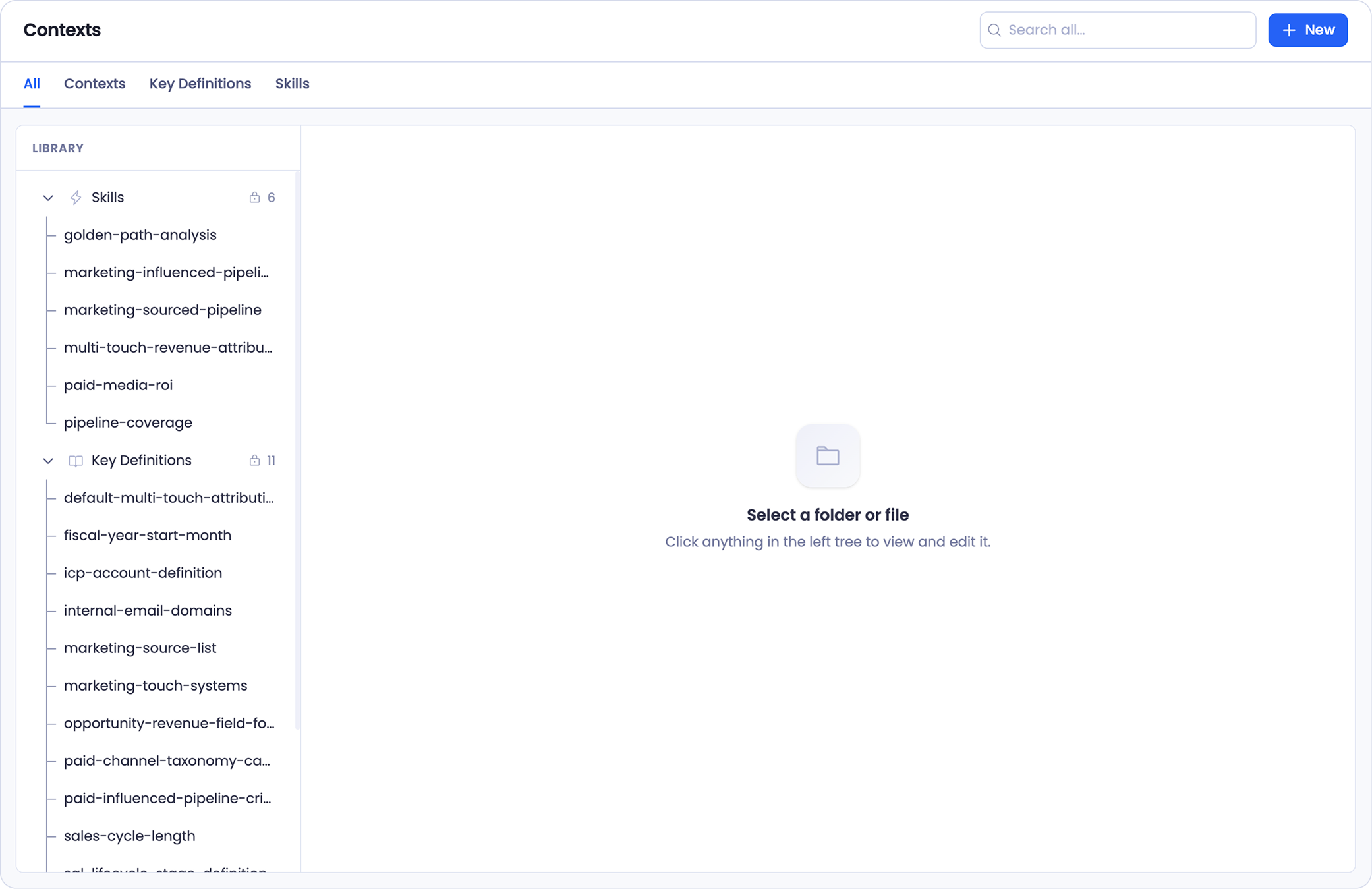 The Contexts page with the Library tree on the left showing Skills and Key Definitions, tabs for All, Contexts, Key Definitions, and Skills across the top, and a New button