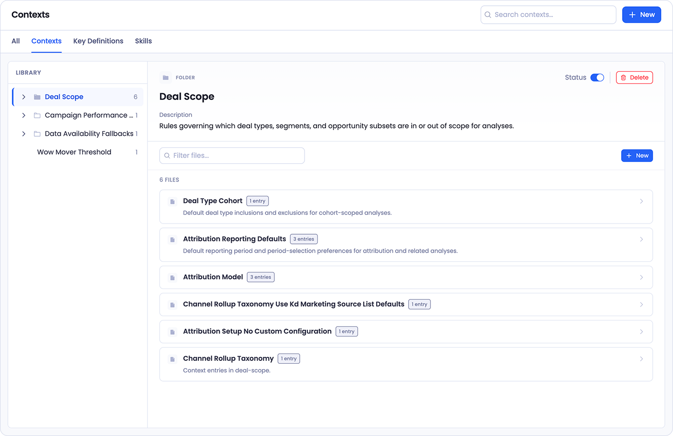 A Deal Scope folder open in the Contexts page, with a description and six files inside it, each showing how many entries it holds