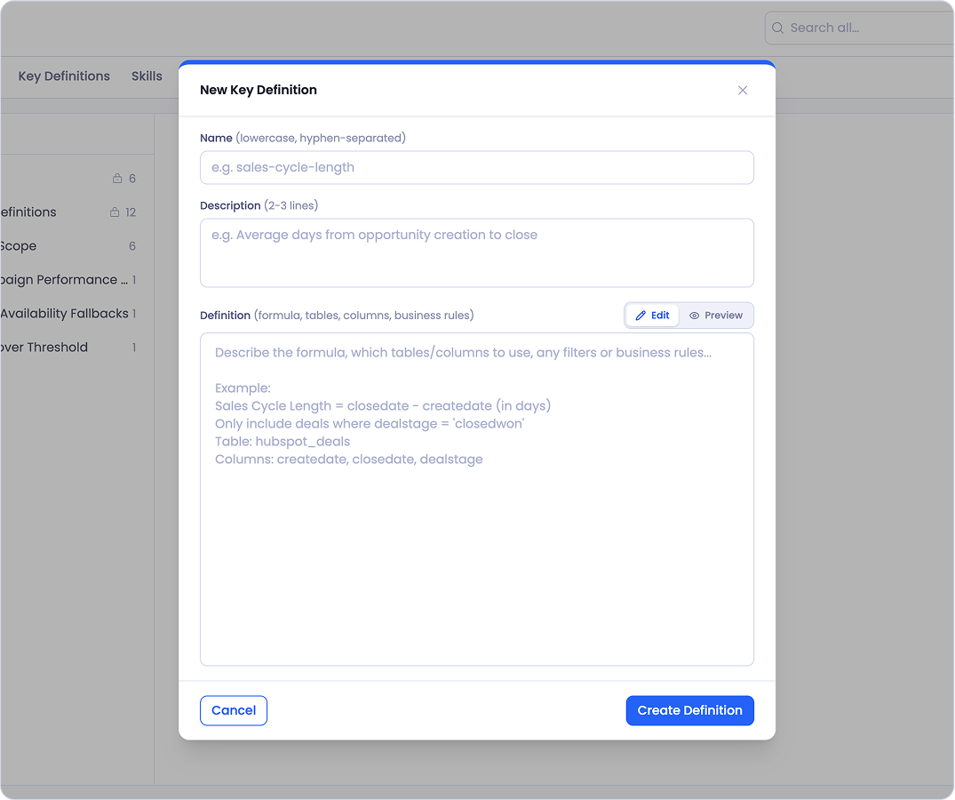 The New Key Definition dialog with fields for a lowercase hyphen-separated name, a two-to-three-line description, and the definition itself, with Edit and Preview toggles
