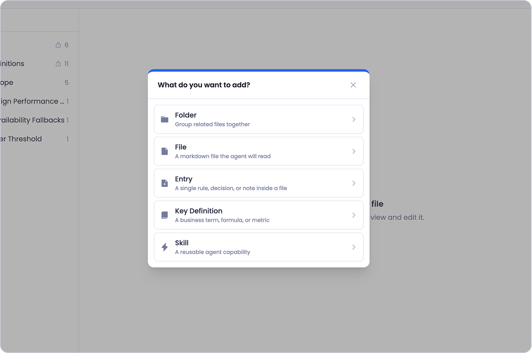 The What do you want to add dialog, listing Folder, File, Entry, Key Definition, and Skill, each with a one-line description