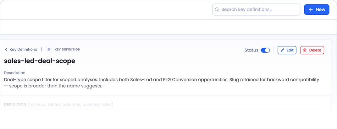 The top of a key definition page, with a Status toggle, an Edit button, and a Delete button at the top right