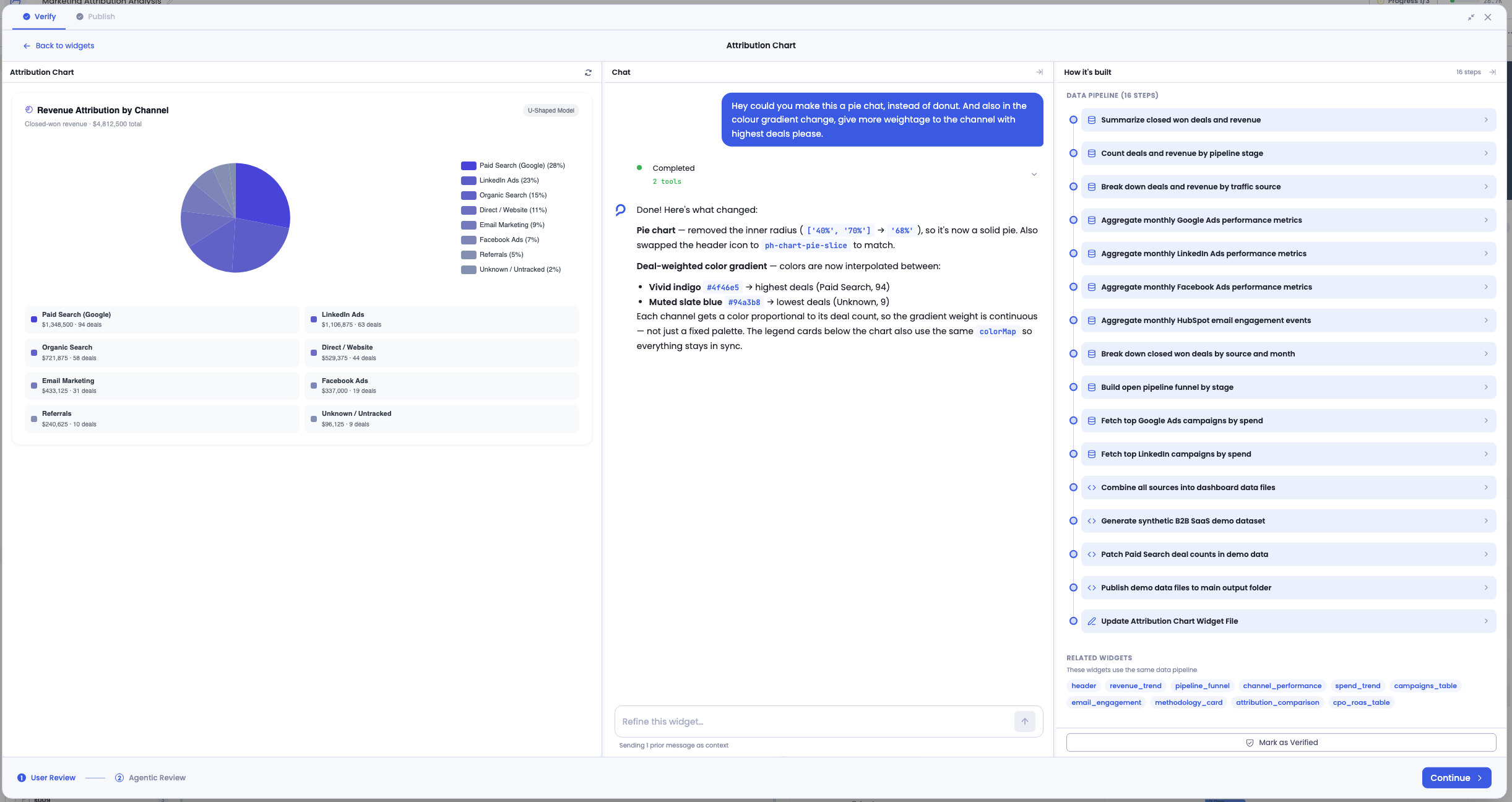 Widget drill-in with preview, scoped chat, and how it's built