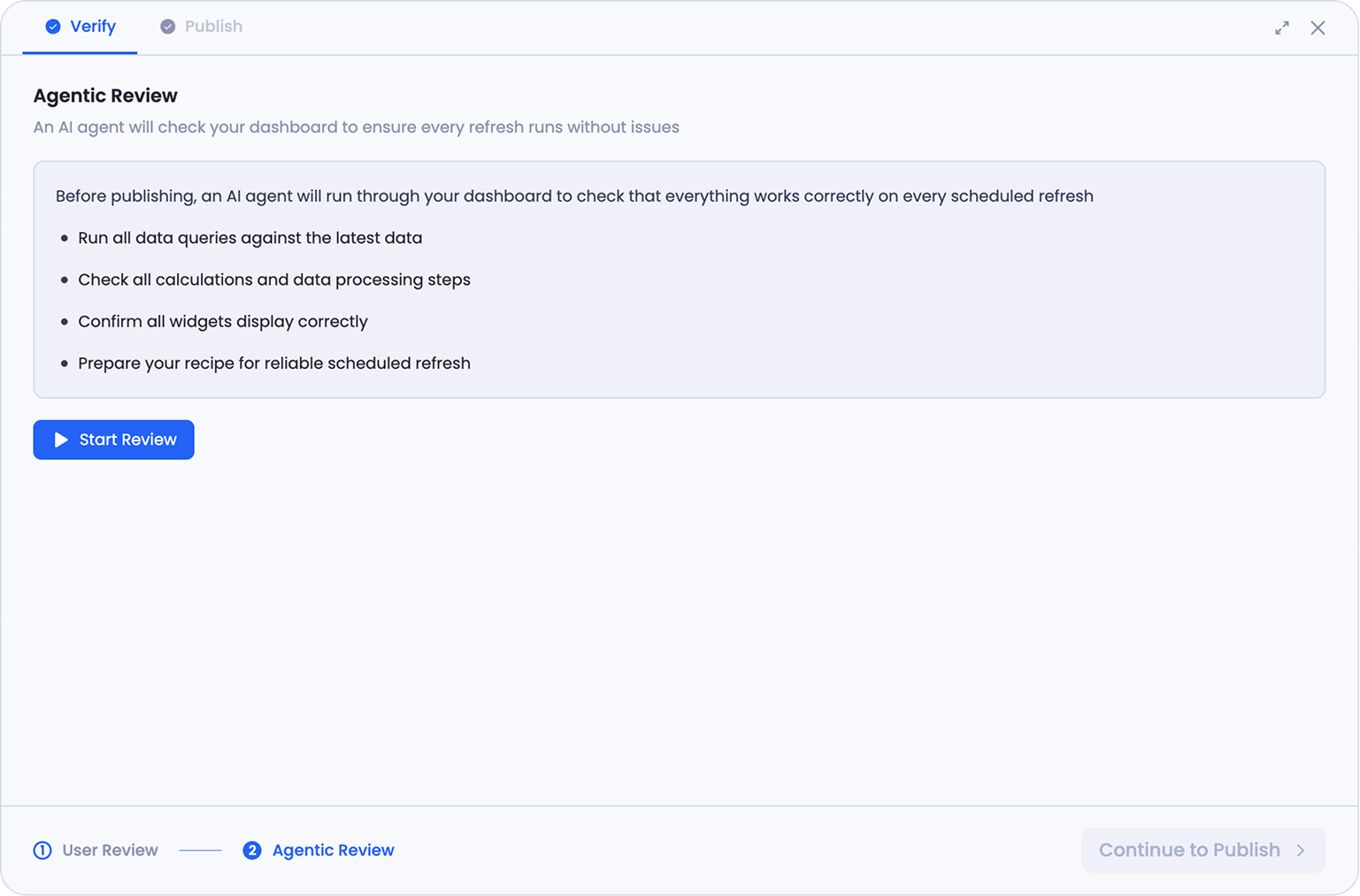 The Agentic Review start screen, listing what the agent will check before publishing and a Start Review button
