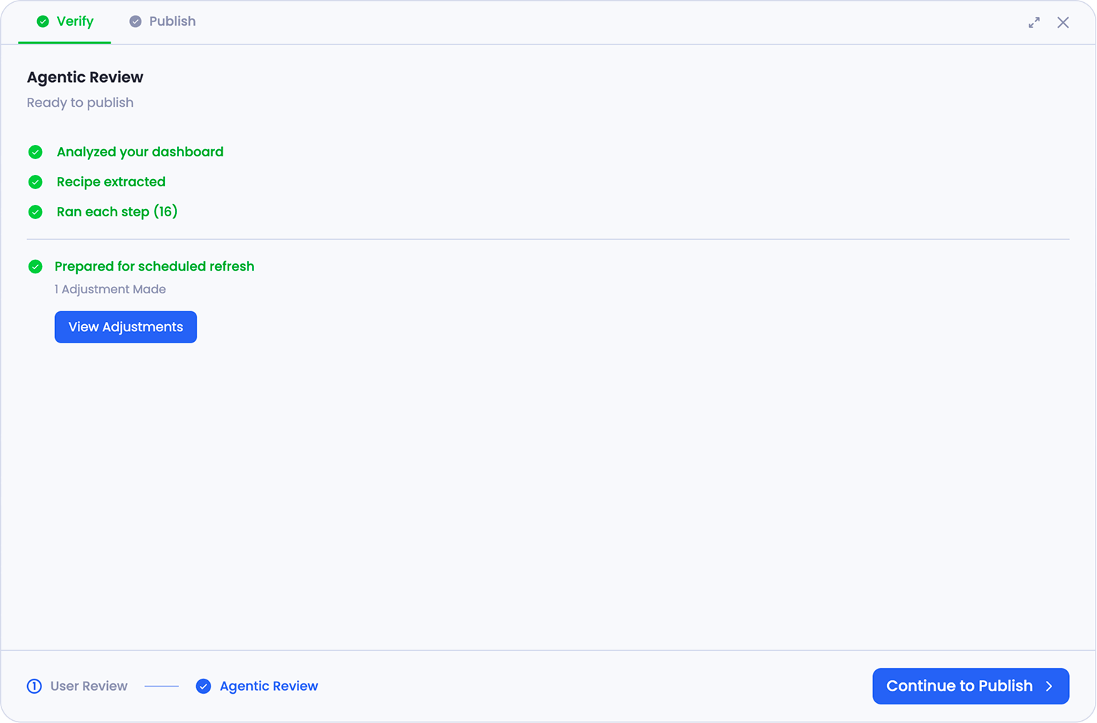 Agentic Review complete and ready to publish, with all checks green, a note that one adjustment was made, and a View Adjustments button