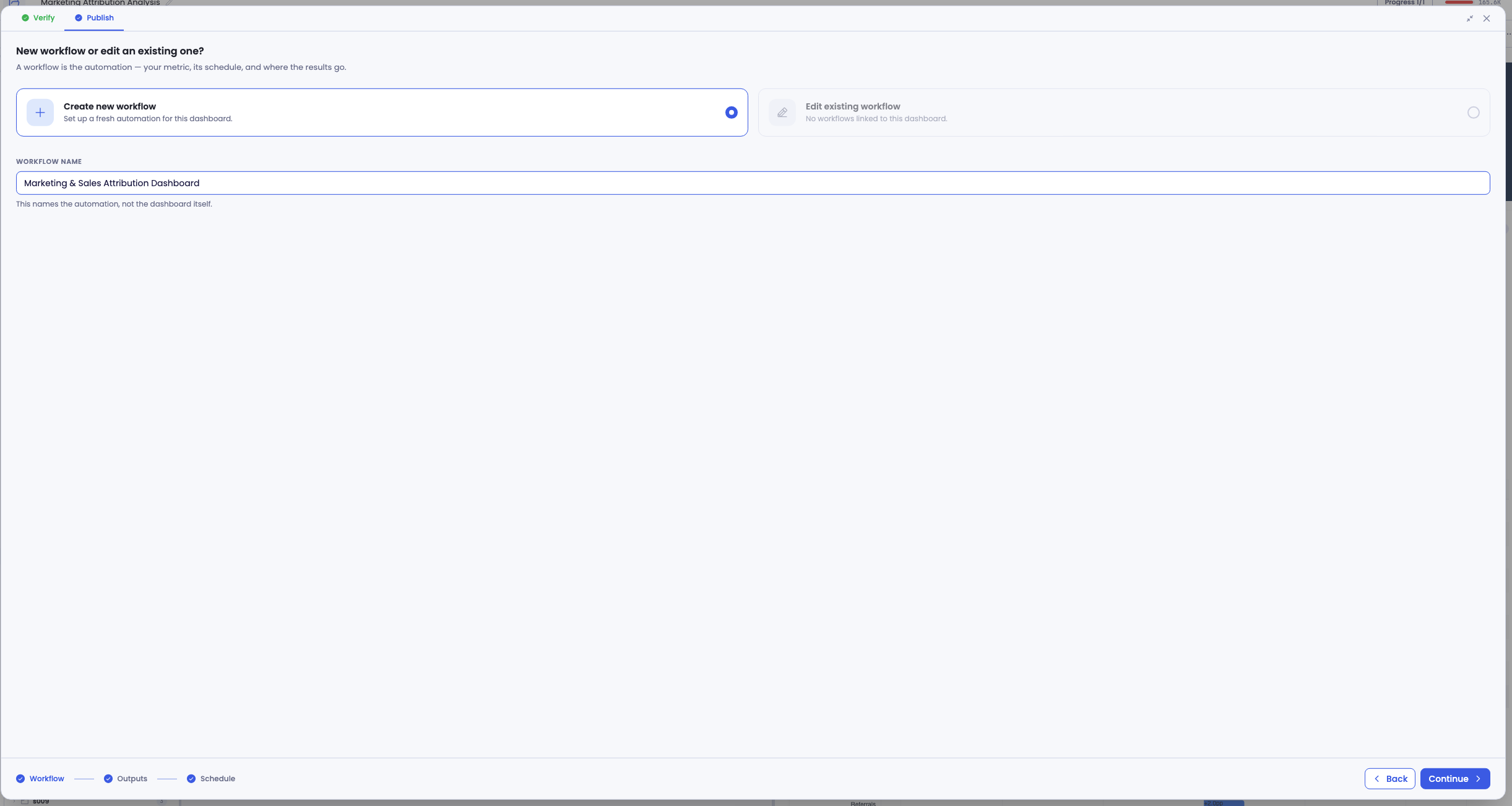 Publish step one — choose or create a workflow