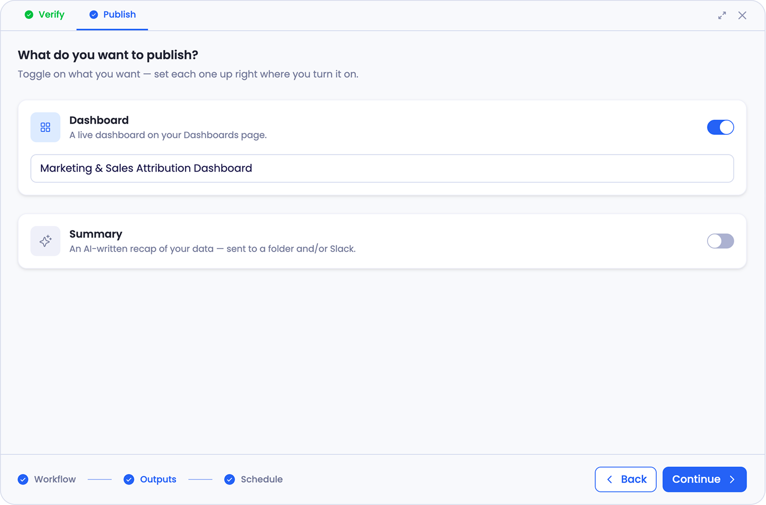 Publish step two, with toggles for a Dashboard output, switched on and named, and a Summary output, switched off
