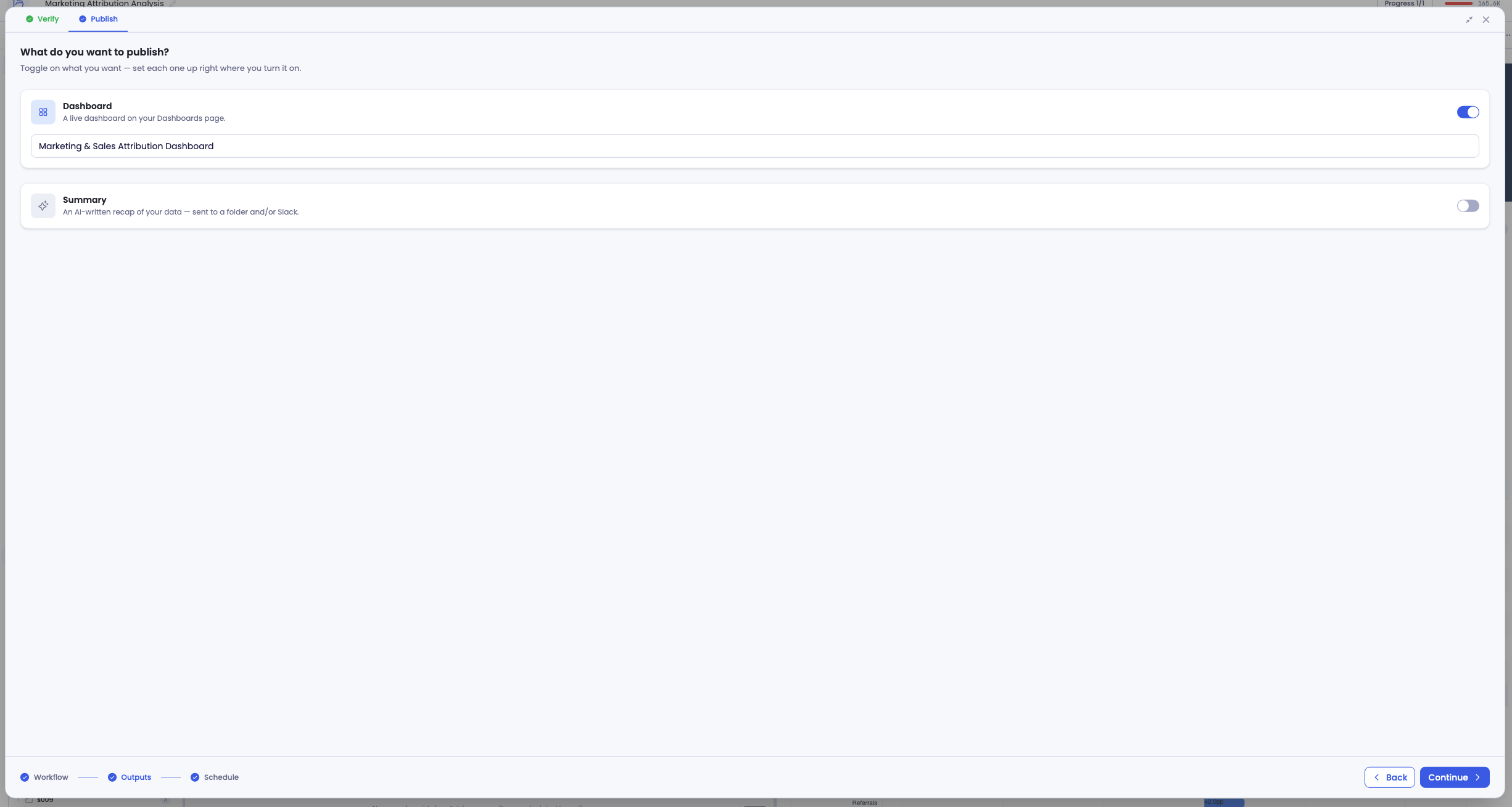 Publish step two — choose outputs