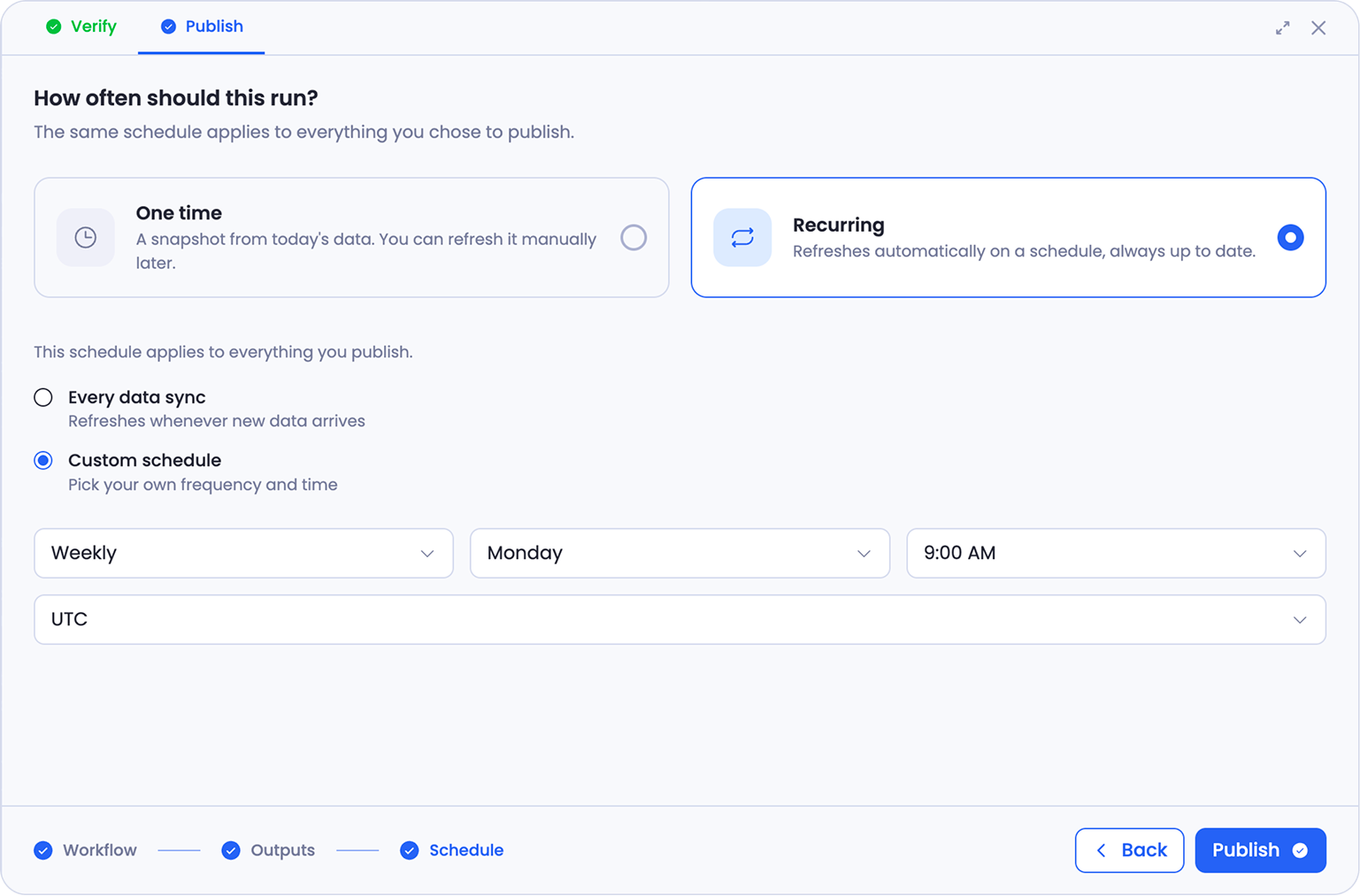 Publish step three, with One time and Recurring options, Recurring selected, and a custom weekly schedule set for Monday at 9:00 AM UTC