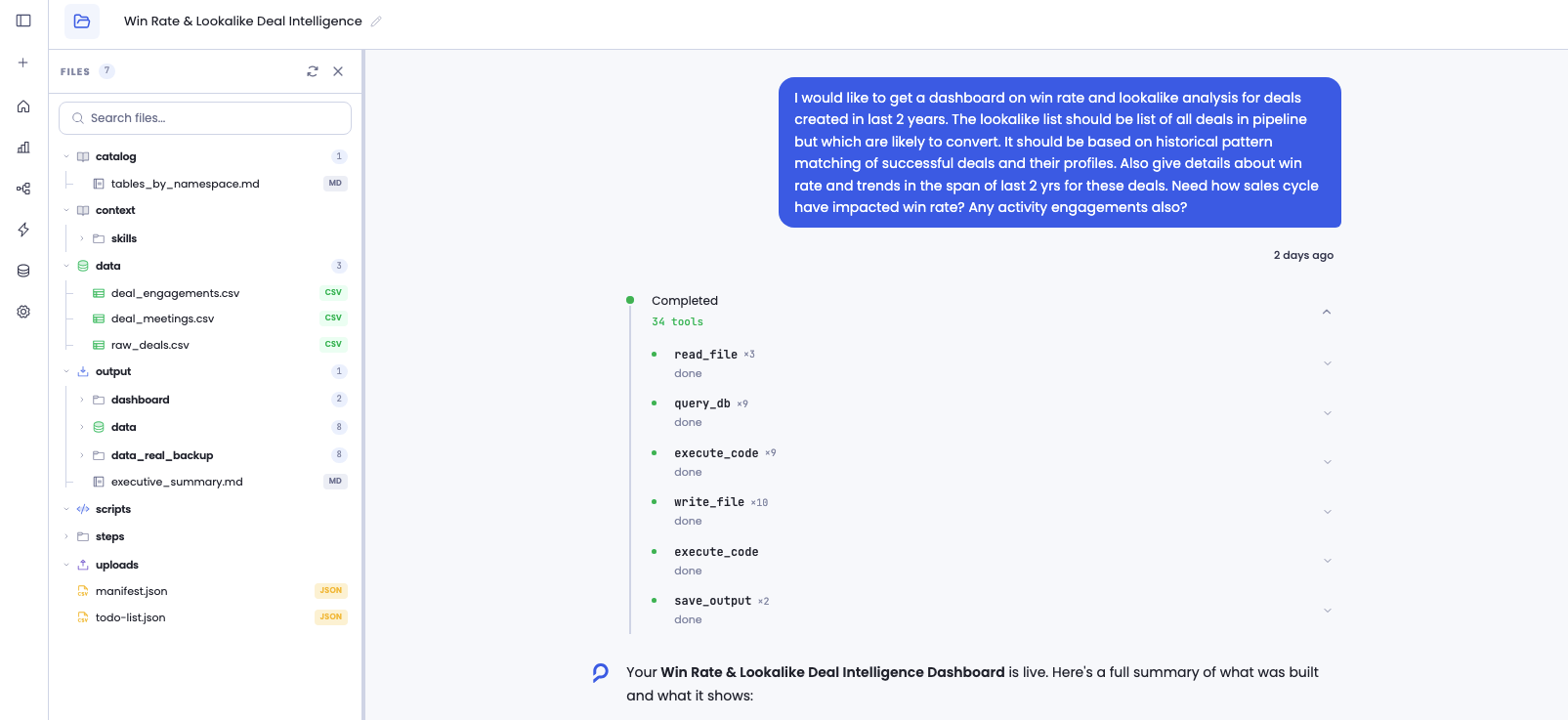 Workspace showing files and tool execution