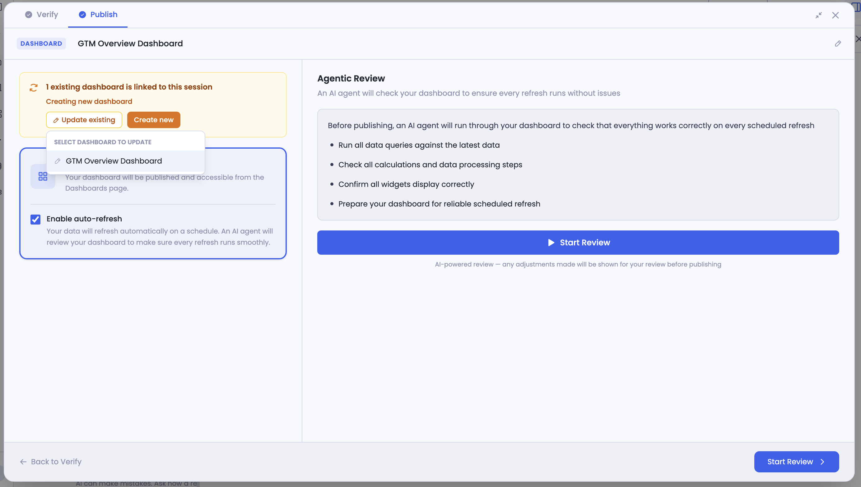 Update or create new dashboard