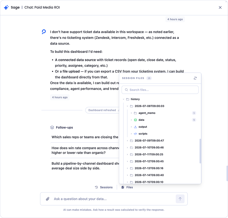 The Files panel in Sage with the history folder expanded, showing a single run's data, output, and scripts