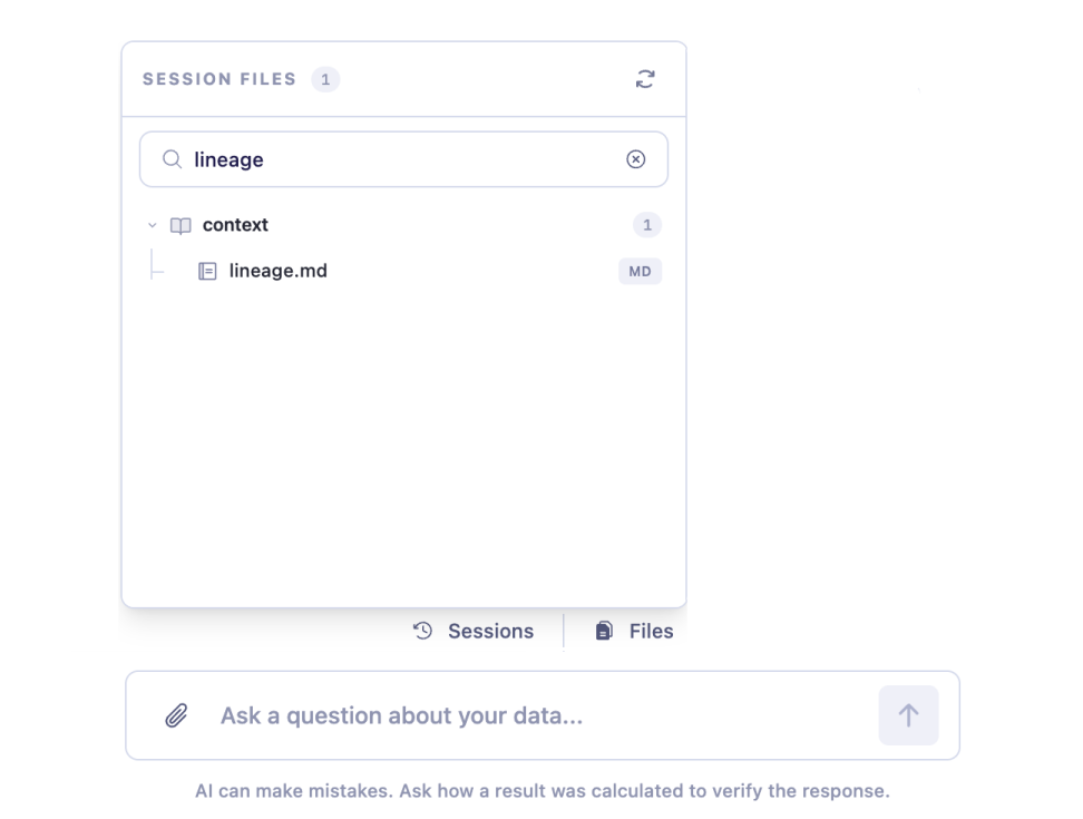 The Session Files panel in Sage with the search filtered to lineage, showing lineage.md inside a context folder, and Sessions and Files tabs at the bottom of the panel