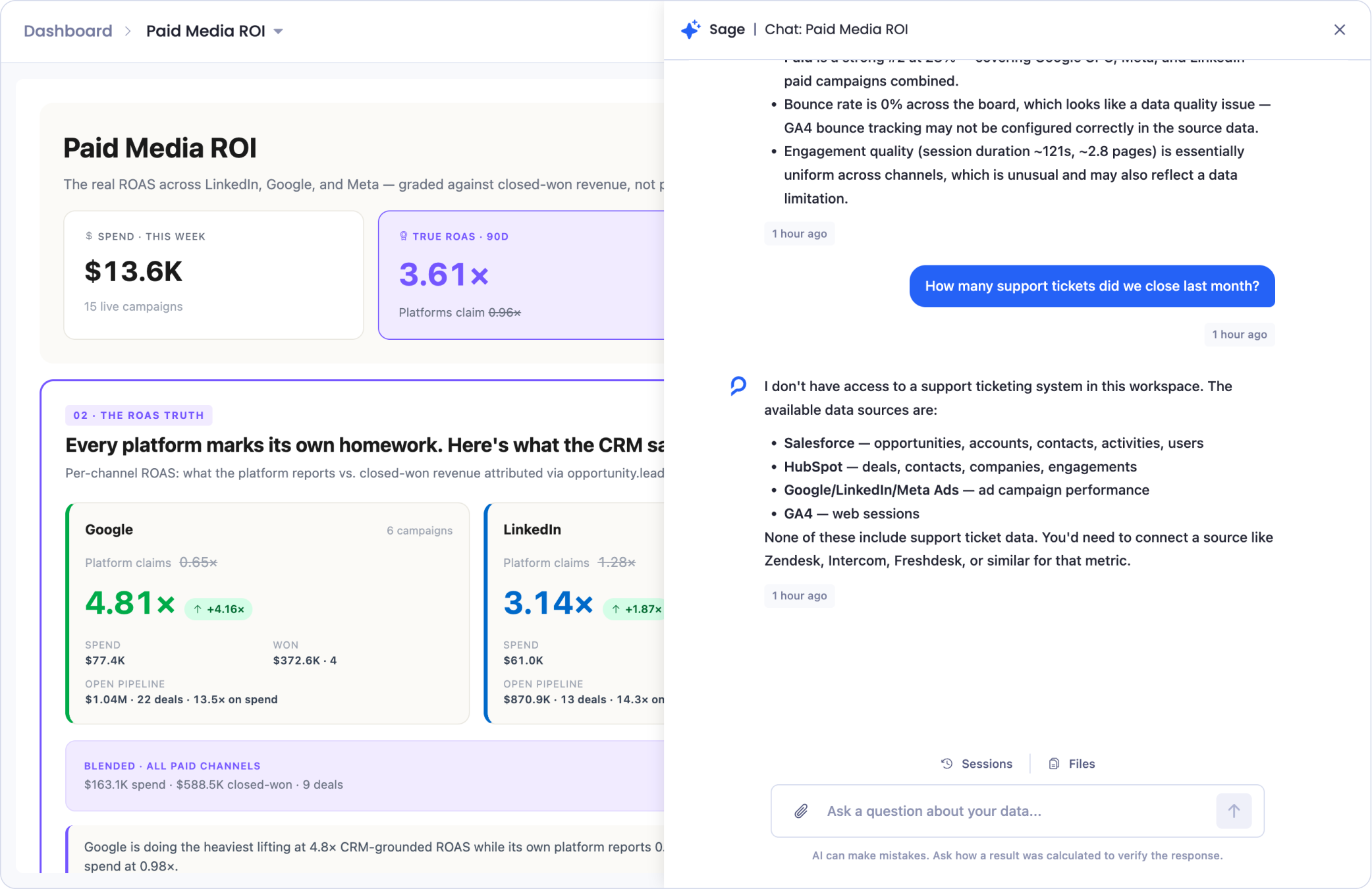 Sage explaining it has no support ticket data, listing the sources it does have and naming the kind of source you would need to connect
