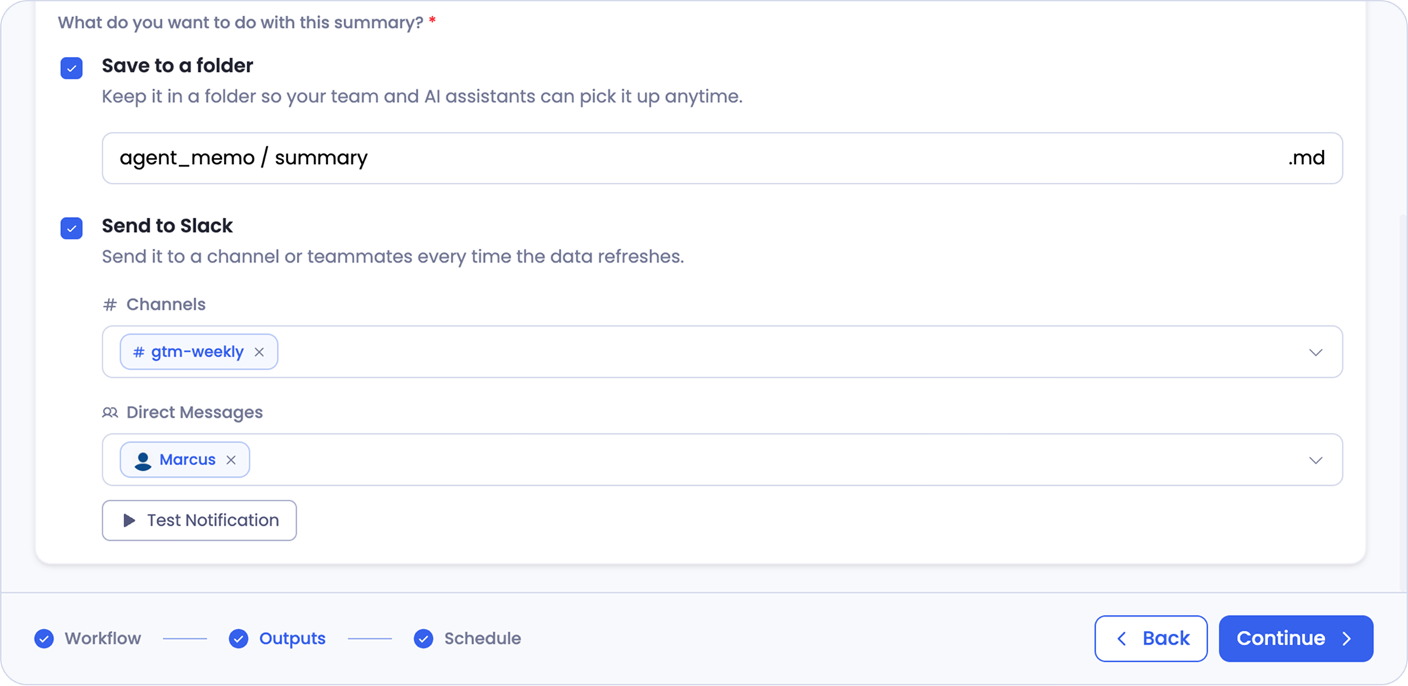 Slack delivery with channels and direct messages selected, and a Test Notification button