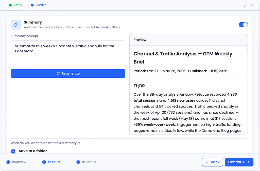 The summary prompt beside a generated preview, with a Regenerate button