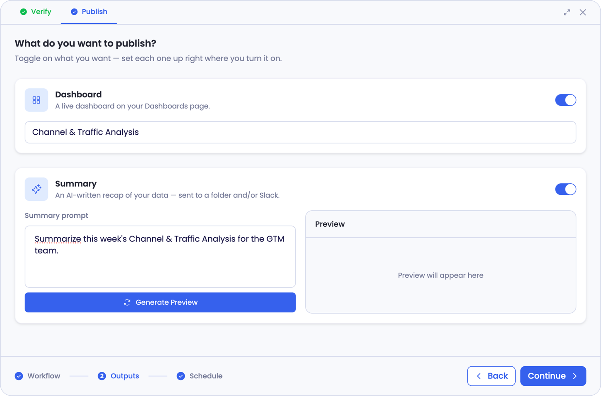 The Summary prompt field beside an empty preview panel