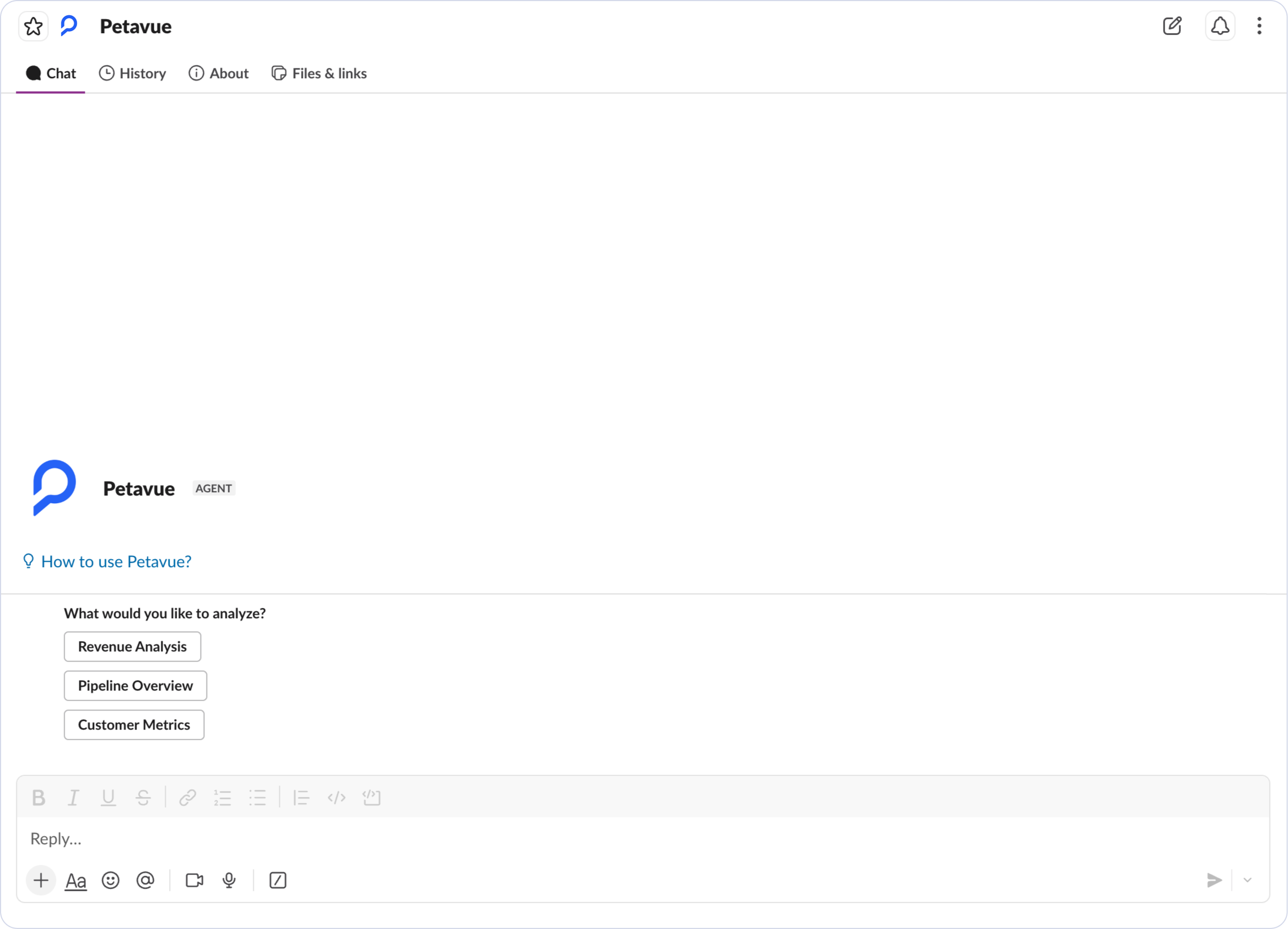 The Petavue agent open in Slack, with tabs for Chat, History, About, and Files and links, plus a welcome message and suggested questions