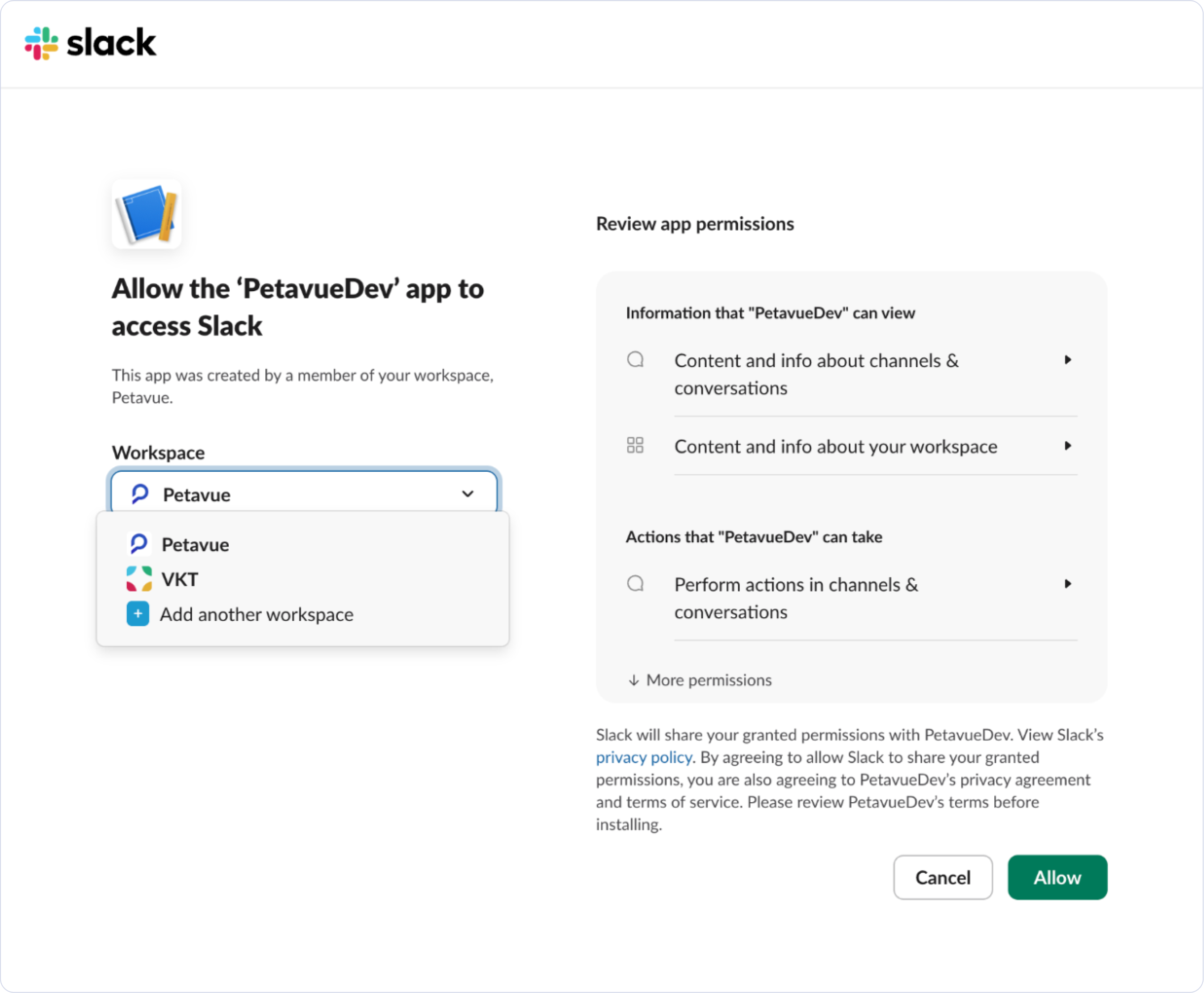 Slack's authorization screen for the Petavue app, with a workspace dropdown open and the permissions the app is requesting listed on the right