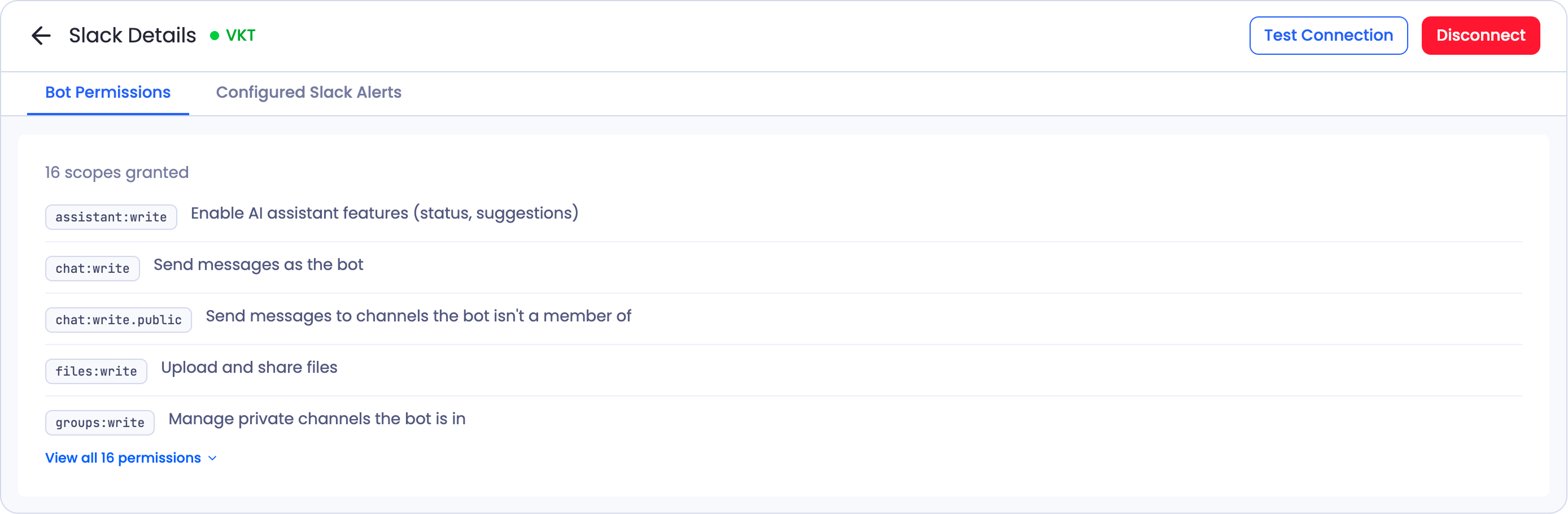 The Slack Details page showing the connected workspace, Test Connection and Disconnect buttons, and the Bot Permissions tab listing the scopes granted to the agent