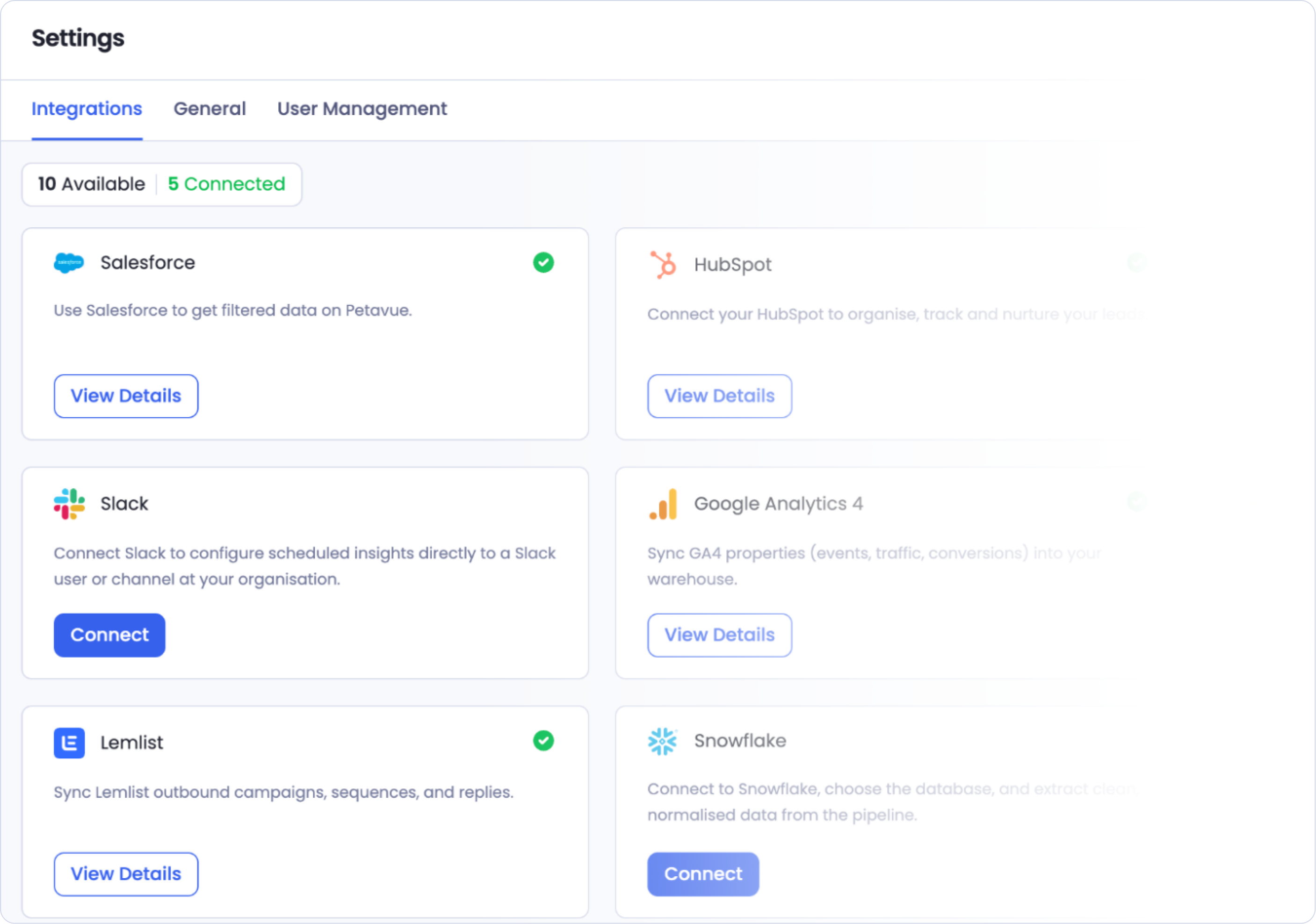 The Integrations tab in Settings, showing available integrations with Slack's card and a Connect button