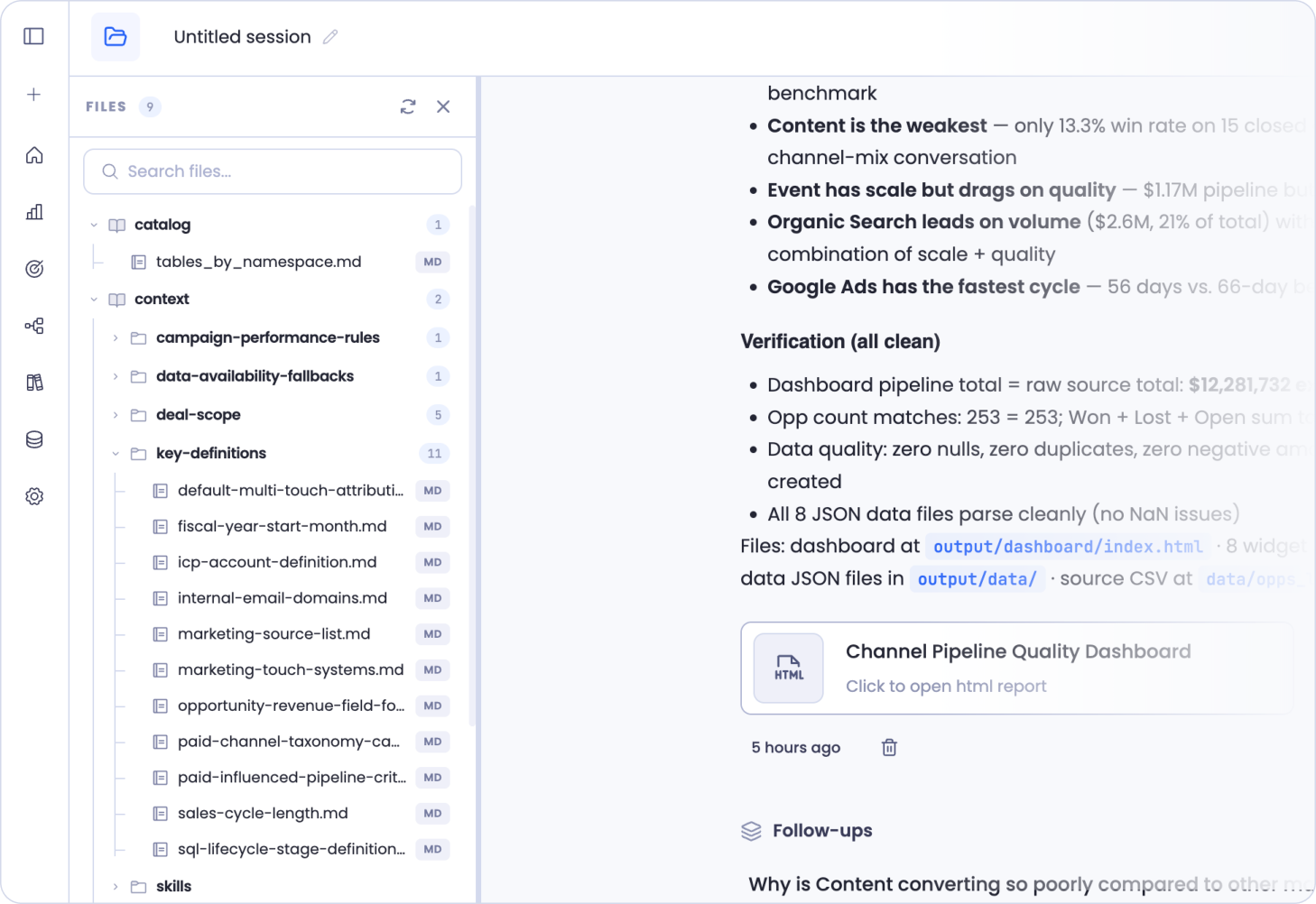 The Files panel open beside the chat, showing the catalog and context folders with the key-definitions folder expanded to reveal eleven definition files