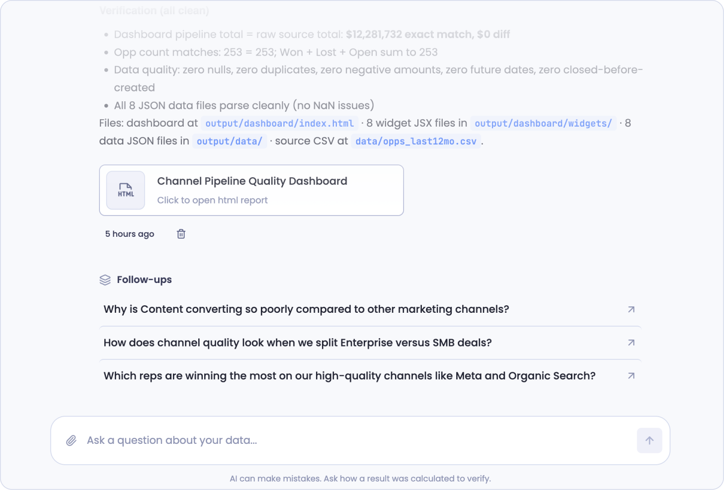 A verification summary confirming the dashboard total matches the raw source to the dollar, followed by three suggested follow-up questions