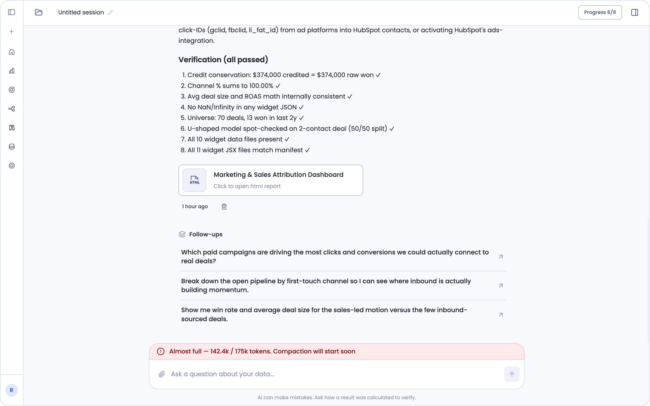 A Sage session with a banner above the message box warning that the session is almost full at 142.4k of 175k tokens and that compaction will start soon